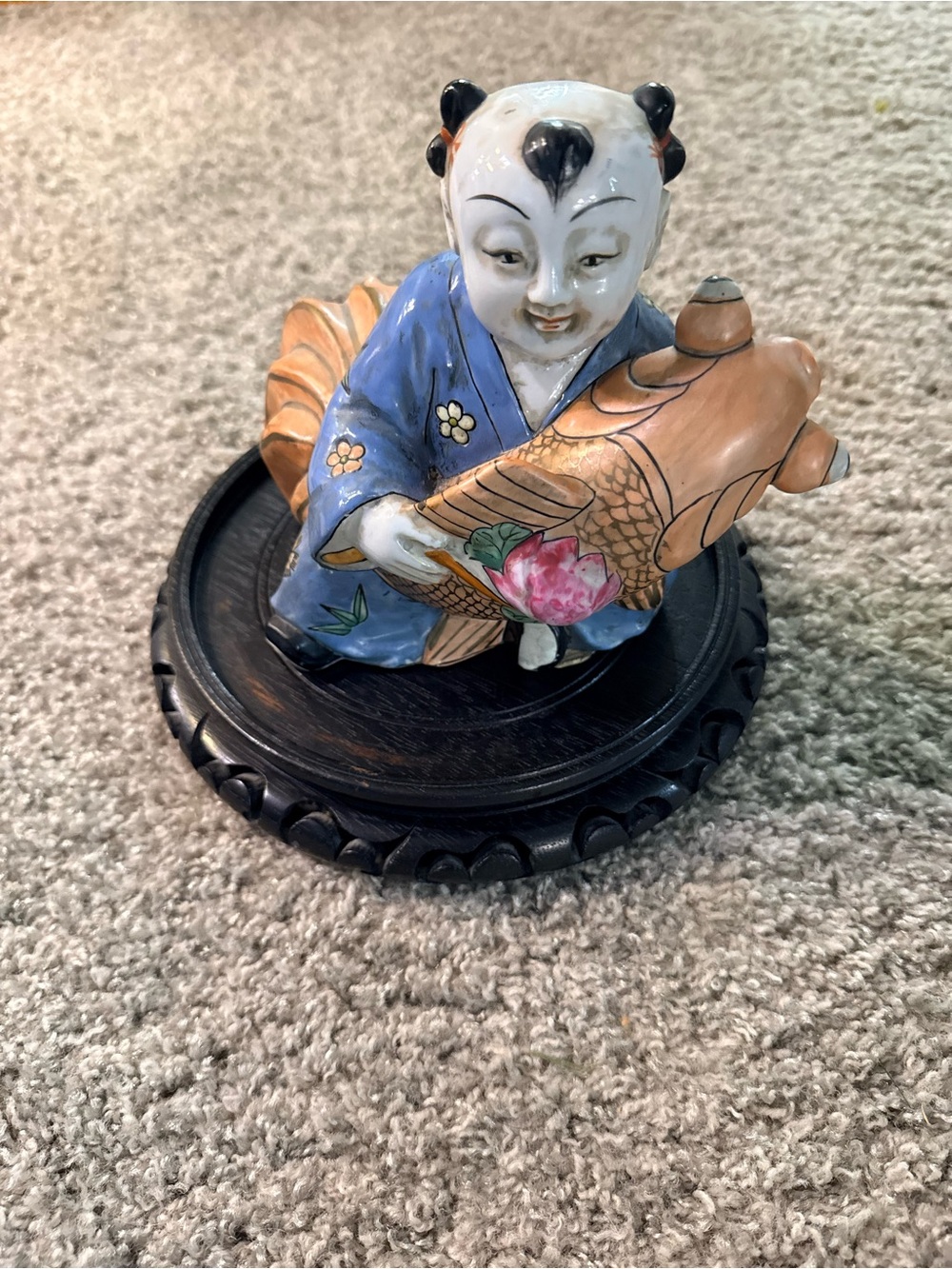 Vintage Macau Porcelain Boy with Koi Fish Figurine & Stand